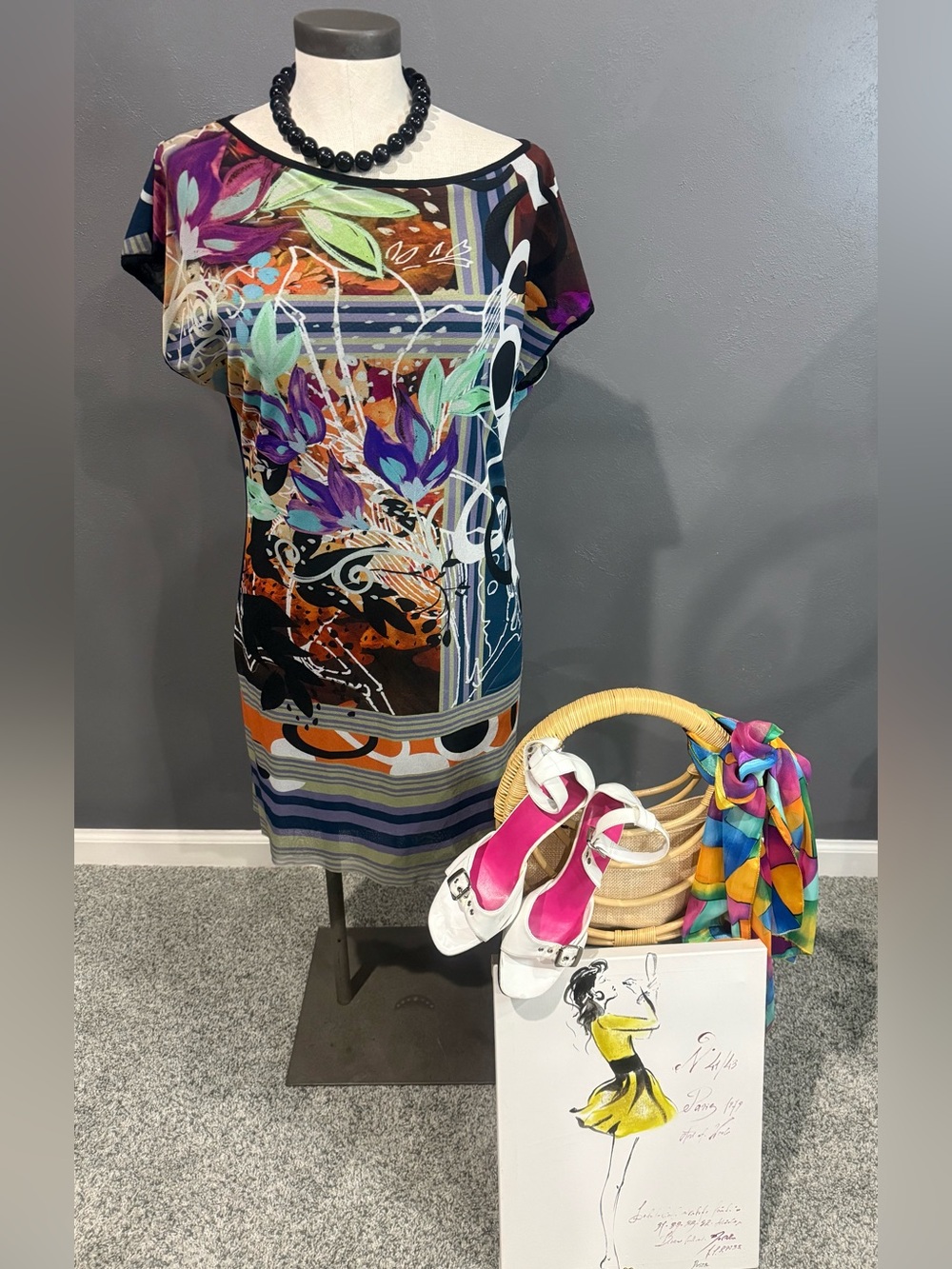 Viviana Multicolor Floral-Stripe Mini Dress — Purple, Teal, Orange, Blue